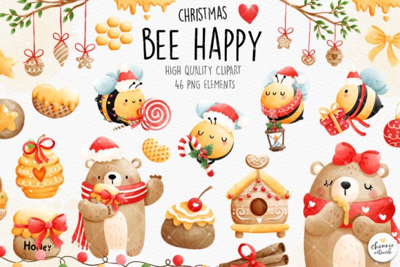 Christmas Bee and Bear Clipart: Festive Illustrations