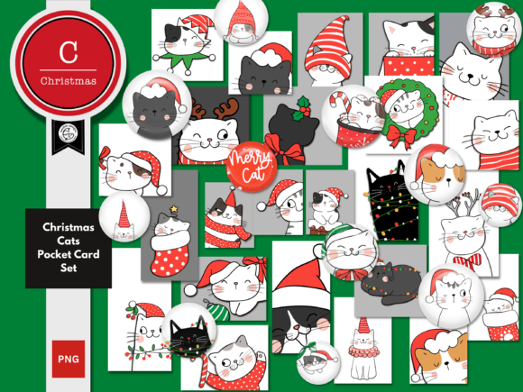 Christmas Cat Pocket Card Set: Festive Illustrations