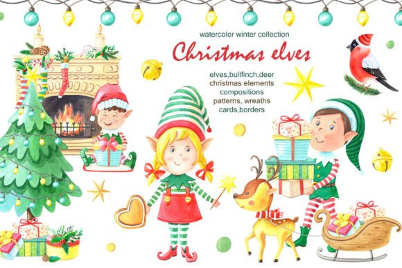 Christmas Elves.Watercolor: Festive Illustrations for Blogs