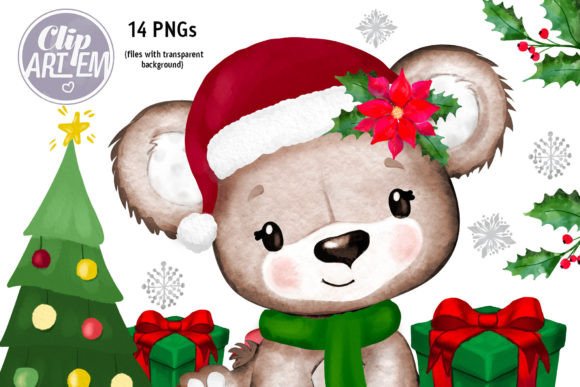 Christmas Girl Bear Watercolor Clip Art for Illustrations
