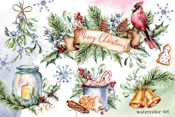 Christmas Watercolor Set, PNG Files & Illustrations