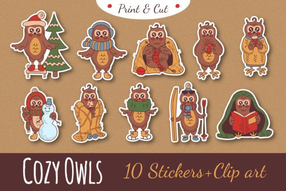 Cozy Owls Christmas Stickers, Clipart Illustrations