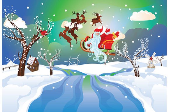 Santa Riding Sleigh at Christmas Night Illustrations
