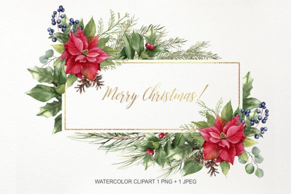 Watercolor Floral Christmas Frame PNG for Illustrations